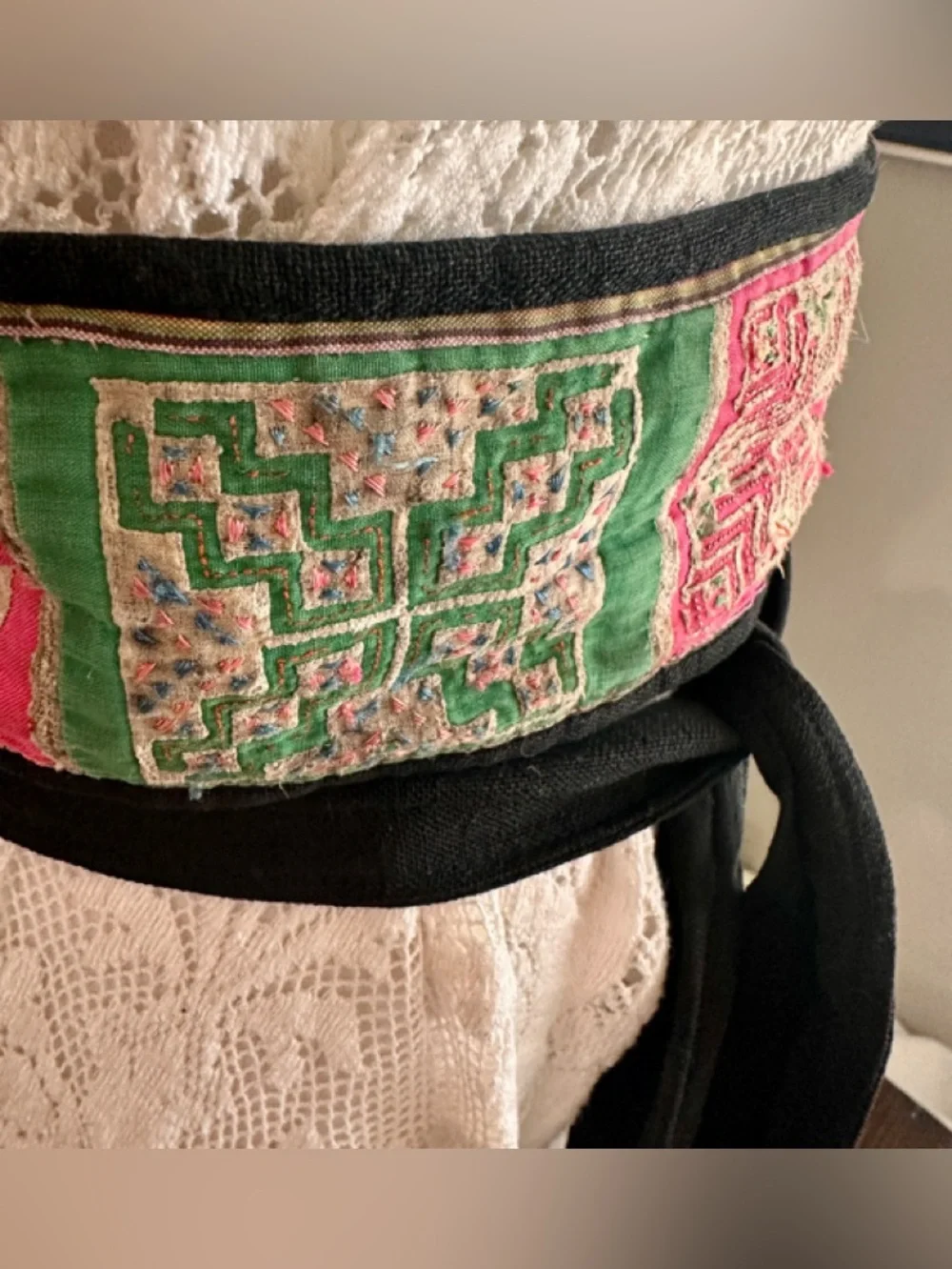 Vintage Hmong Paj Ntaub Obi Belt Boho Embroidered Wrap Money Belt